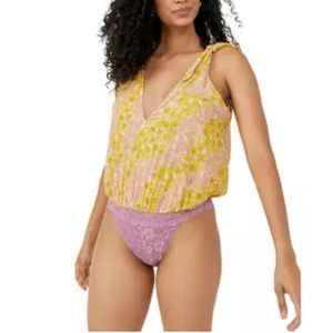 Free People Bare It All Lace Thong Bodysuit Sunshine Combo Small